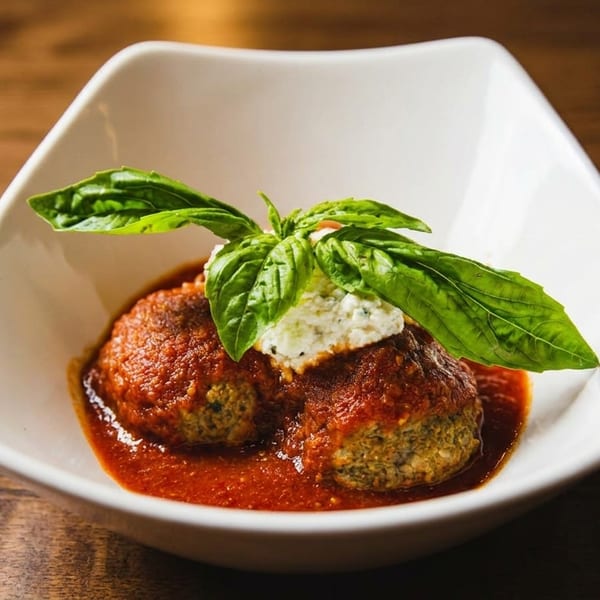 Two meatballs in red sauce topped with ricotta cheese and fresh basil in a white bowl.