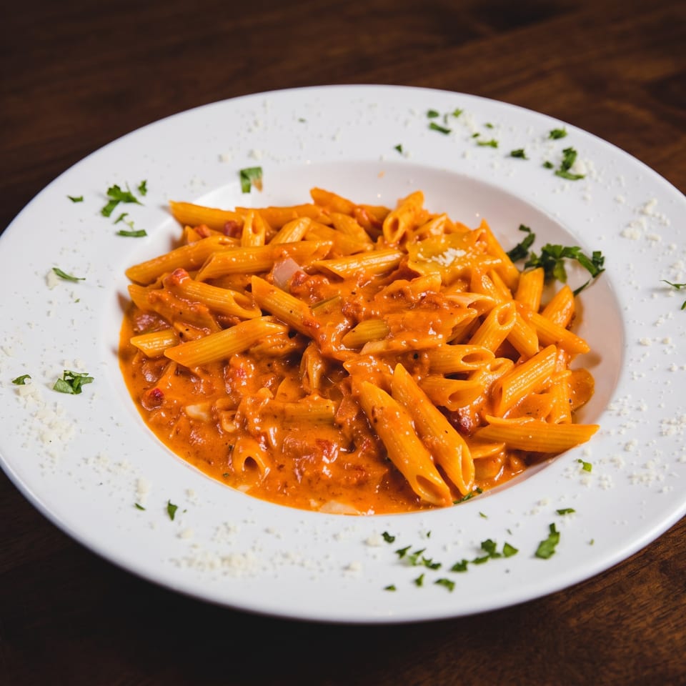 Penne pasta coated in creamy orange tomato sauce, garnished with parsley and grated cheese on a white plate.