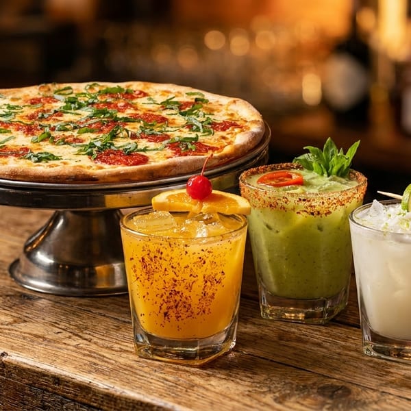 A pizza on a stand and three colorful cocktails on a rustic wooden bar.