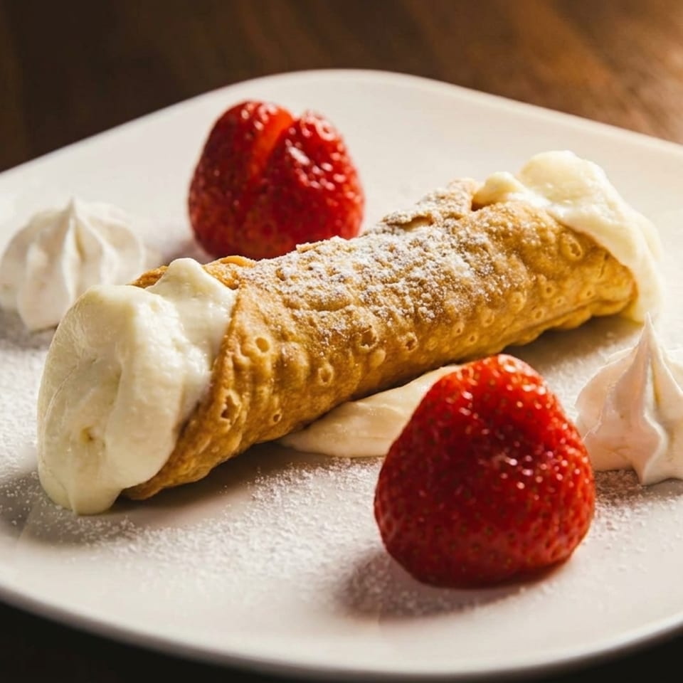 A cannoli dusted with powdered sugar, served with fresh strawberries and whipped cream on a white plate.