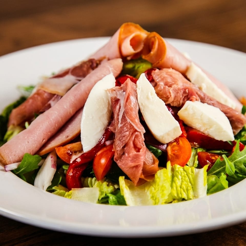 A fresh salad with mixed greens, cherry tomatoes, mozzarella, and various deli meats on a white plate.