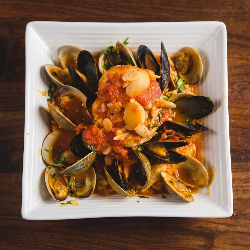 Seafood pasta topped with mussels, clams, shrimp, garlic, and tomato sauce on a white square plate.