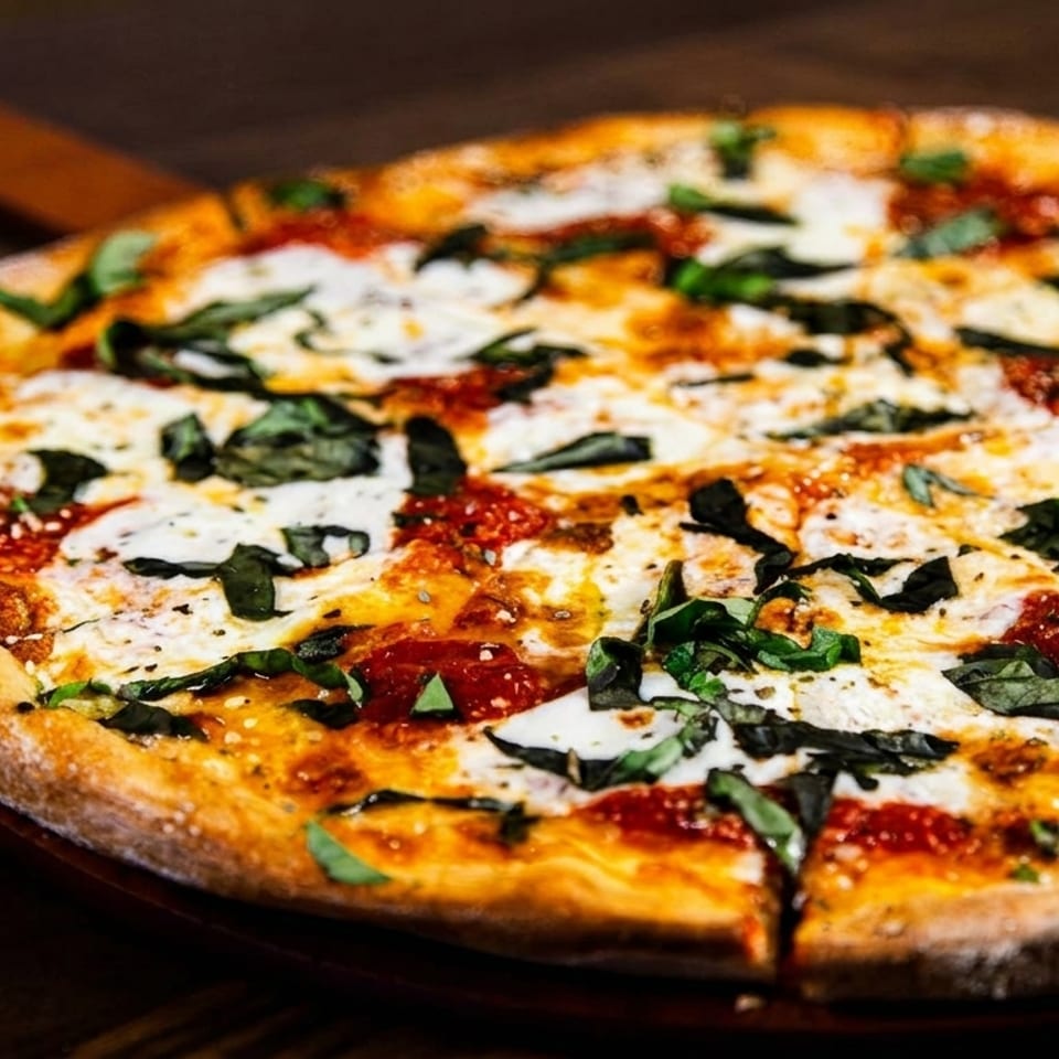 Freshly baked Margherita pizza with melted mozzarella, red sauce, and basil on a wooden table.