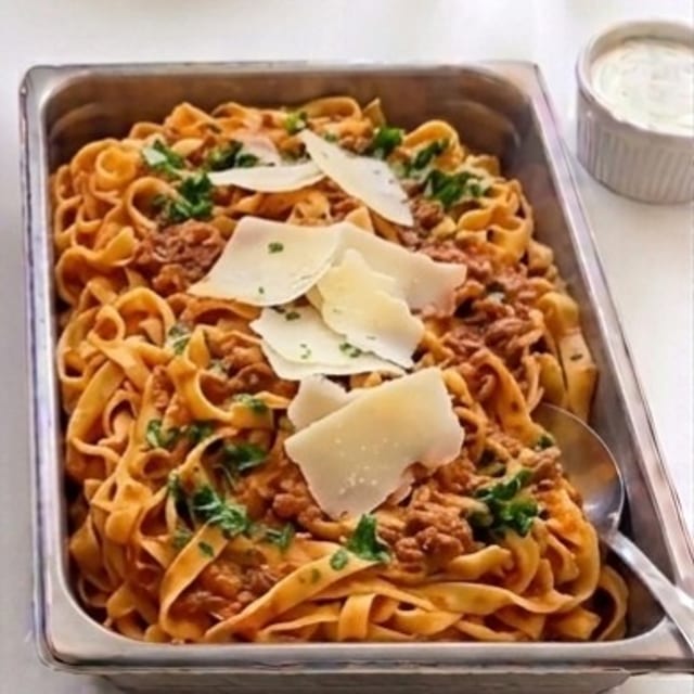 Half Tray Fettucine Bolognese.
